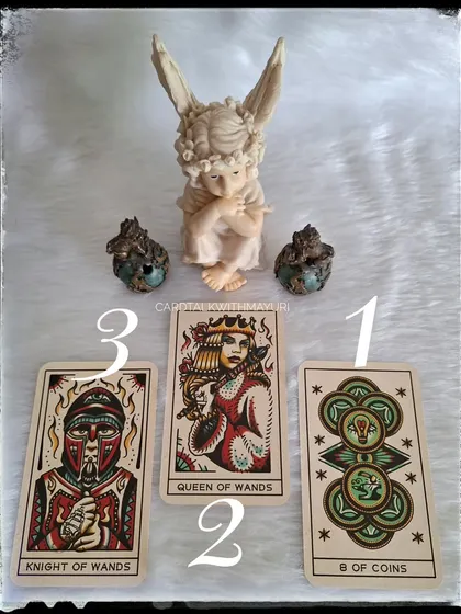 The reveal for the October 2023 TarotScope, showing the 8 of Coins, the Queen of Wands, and the Knight of Wands. The following posts explain the meaning of each.