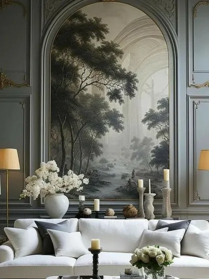 A vintage-style landscape mural can create a stunning, immersive experience. This piece, set within an arched wall panel, adds classical elegance and a sense of depth to this formal living room.