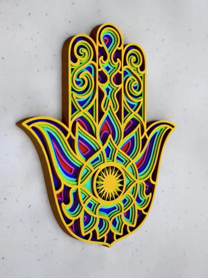 Showcasing our customization options, this Hamsa Hand is brought to life with a vibrant, psychedelic color palette. We can match any color scheme to make the art truly yours.