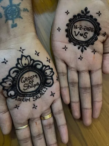Mehendi for the groom is a wonderful tradition. Here, I've created a simple yet meaningful design featuring the bride's name, the couple's initials, and the wedding date, making it a special part of his celebration too.