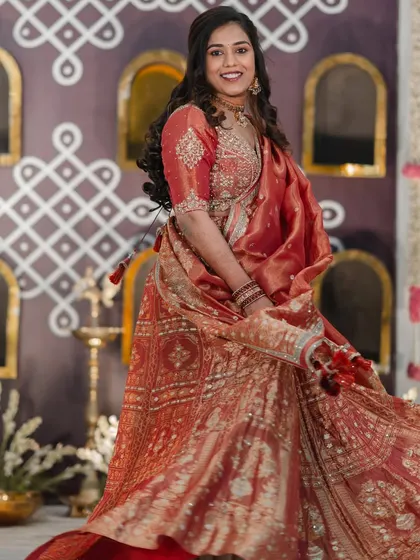 A joyful, twirling shot that shows off the entire ensemble. The makeup is designed to be radiant and long-lasting, perfect for a night of dancing and celebration.