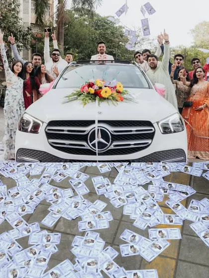 A fun and extravagant moment from the groom's baraat, with friends showering him with money as he arrives in a luxury car.