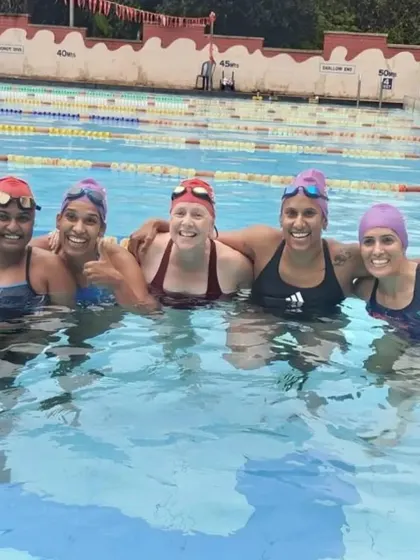 Our women's team at the State Masters meet. The camaraderie and support we share make competing so much more fun and rewarding.