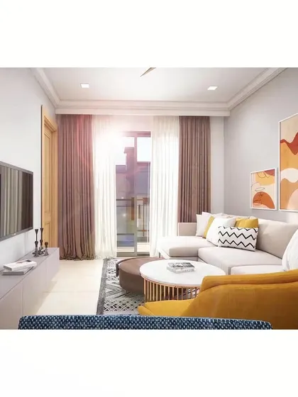 The bright and airy living room of an apartment in our Flora Avenue project. This space demonstrates our ability to deliver thoughtful, modern interior design solutions for micro-housing, maximizing comfort and style within a compact footprint.