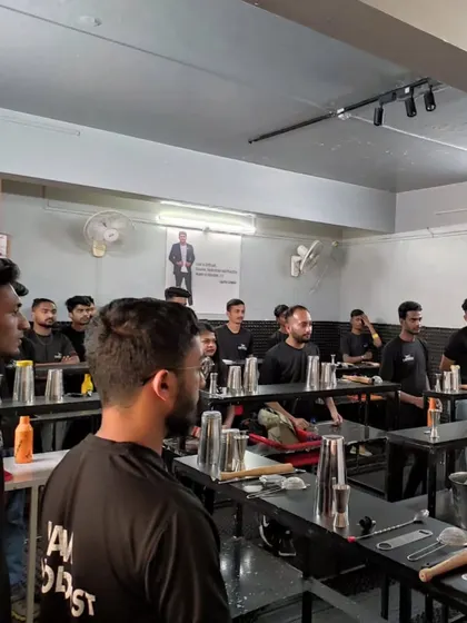A shot of our students ready for a hands-on session. Our training facility is set up like a real bar, ensuring that every student gets practical experience with professional tools and equipment.