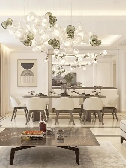 This 3D render shows the flow from the living room to the dining area, unified by a consistent design language and a light, neutral palette.