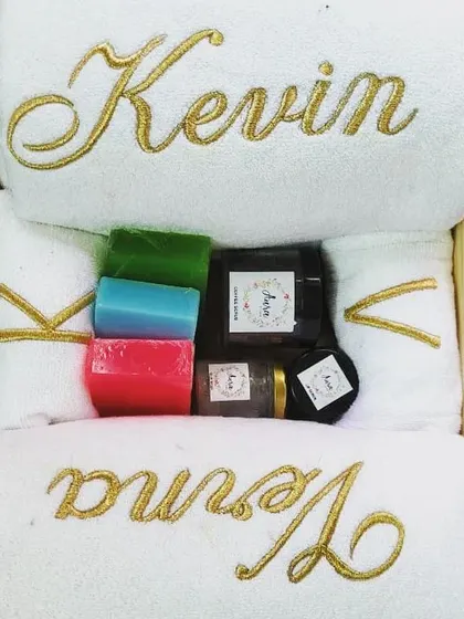 Another one of my luxurious couple gift hampers, this one for 'Kevin' and 'Verna'. The crisp white towels with gold cursive embroidery give it such a timeless and elegant feel, perfect for a wedding day.