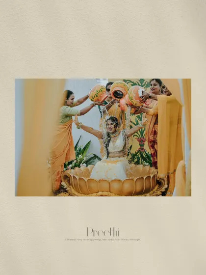An album layout featuring the bride in the lotus vessel, with her name elegantly written below.