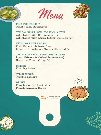 The menu for our Julie & Julia night, presented on a charming cutting board graphic. Dishes like "Splendid Beurre Blanc" and "The World's Most Beautiful Chicken" are taken directly from Julia Child's culinary world.