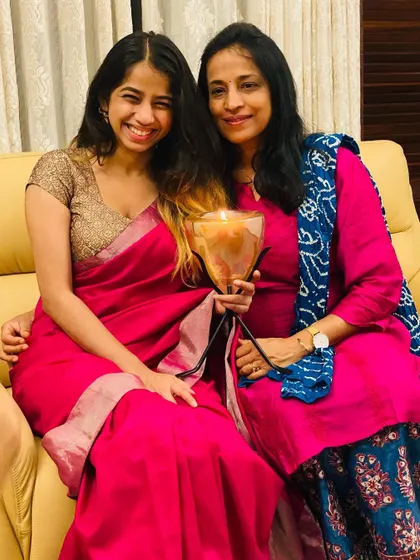 A mother-daughter moment during our Navratri celebrations. It’s a blessing to share these traditions together.