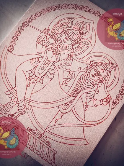 The red outline for a Banke Bihari with Radha Pyari painting. Using a red outline is a different approach that creates a softer final look.