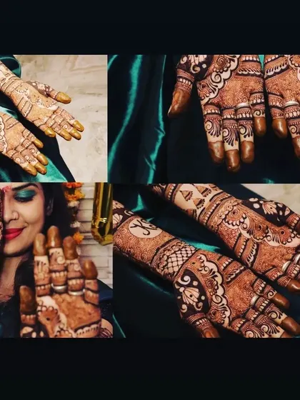 A collage showing a happy bride and close-ups of her detailed mehndi. I love capturing these moments.