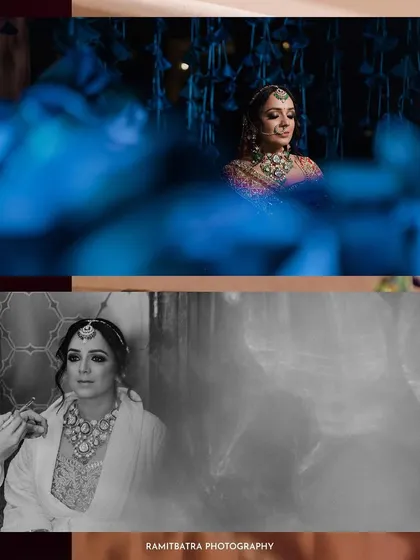 A collage of the bride getting ready, showing a close-up of her makeup application and a thoughtful portrait.