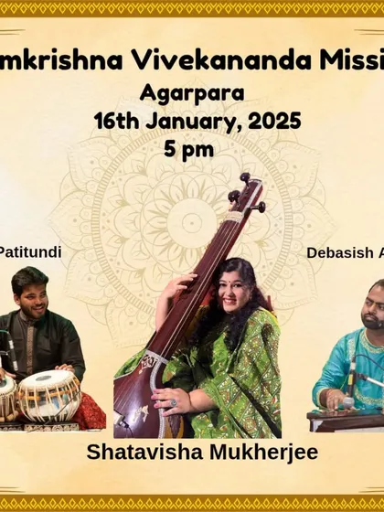 The announcement for a performance at the Ramkrishna Vivekananda Mission, Agarpara, with the brilliant vocalist Shatavisha Mukherjee.