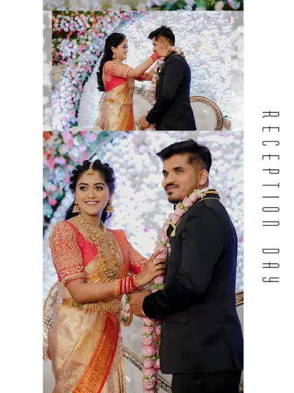 A collage capturing the reception day events, from the couple's interactions on stage to the exchange of garlands.