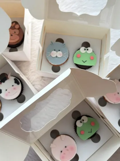 More of the animal cupcake collection being boxed up. These are perfect for return gifts at a birthday party, with each child getting their own little edible friend.