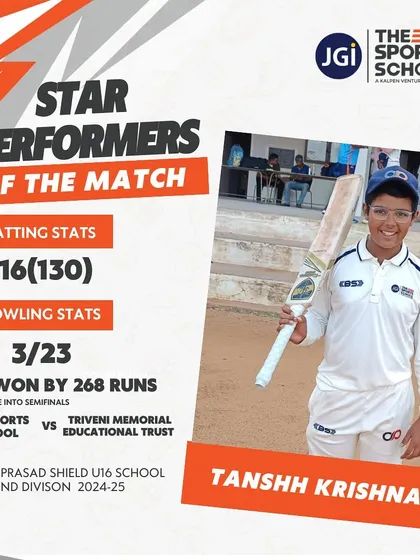 Star Performer Tanshh Krishna's all-round brilliance with a century (116) and 3 wickets led our team to a massive 268-run victory in the semi-finals.