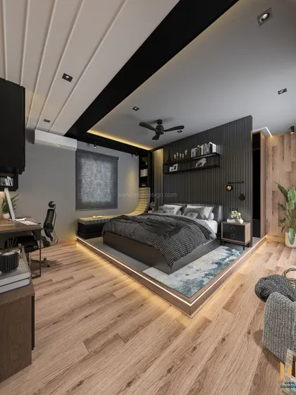 A wide view of the platform bed with integrated LED lighting, fluted wall paneling, and a dedicated study nook.