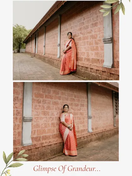 A two-panel collage showing the bride against a rustic brick wall. The contrast between the traditional saree and the setting creates a visually interesting portrait.