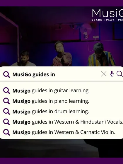 A fun, search-themed graphic showing the different types of lessons MusiGo provides, including guitar, piano, drums, vocals, and violin.