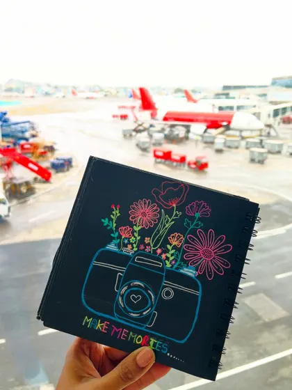 A doodle of a camera full of flowers, created while waiting at the airport.