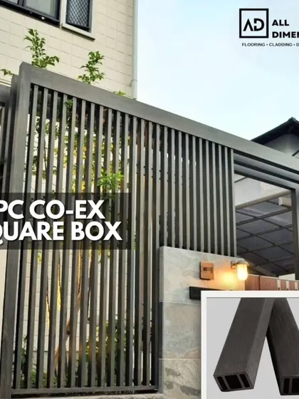 WPC Co-Ex square box profiles used to create a modern pergola and privacy screen. This material is ideal for outdoor structures as it is weather-resistant and requires no painting or sealing.