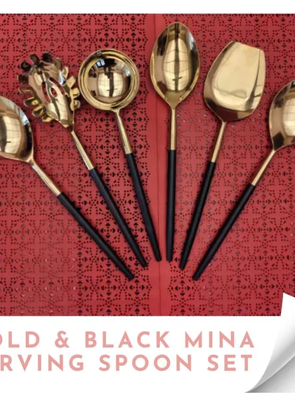A repeat of the gold and black mina serving spoon set, highlighting its elegance and suitability as a premium festive gift.