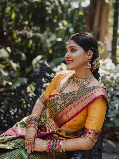 Another beautiful portrait of the bride, her happiness and the vibrant colours of her outfit creating a stunning visual.