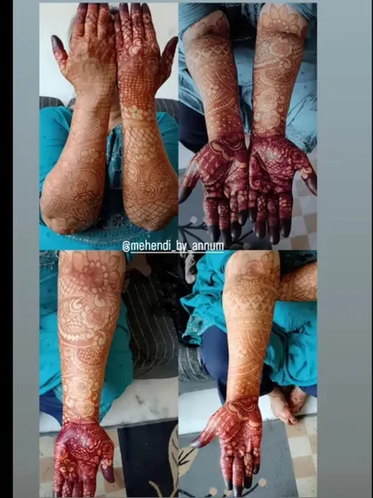 A collage showing the stain progression for a full bridal mehendi. You can see the hands at different stages, from the initial orange to the final deep maroon-brown, highlighting the color development over time.