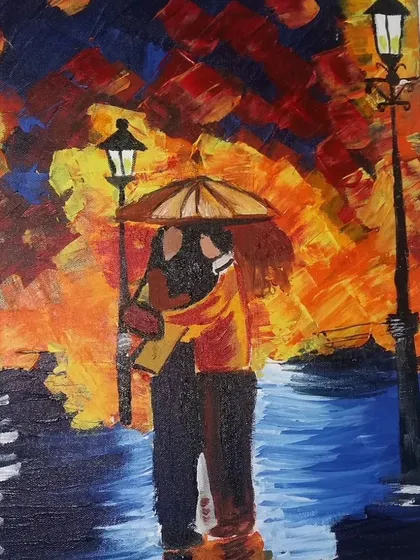 A painting of a couple in the rain. I believe a home's energy should support and shelter relationships, creating a safe harbor from the storms of life.