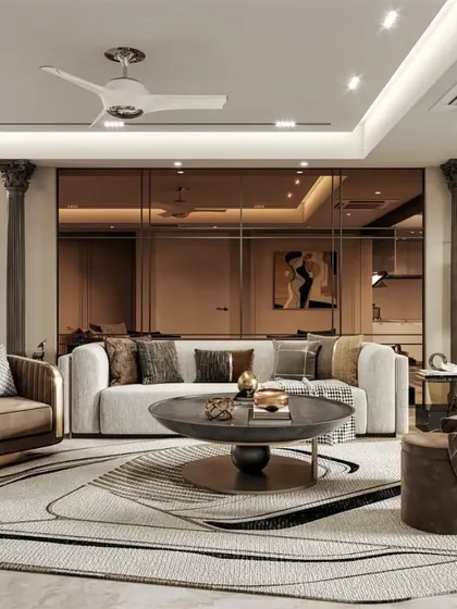 A living room that blends classic and contemporary styles, with a mirrored accent wall that adds depth. Our visualization highlights the mix of textures, from the velvet armchair to the patterned rug.