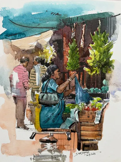 A watercolor illustration of a woman at a market stall. This piece shows how line work can define forms while washes add color and mood.