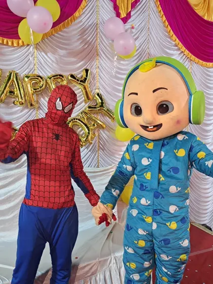 An unlikely but fun team-up! Spiderman and a Cocomelon character are ready to celebrate a birthday together. We can mix and match characters to your child's delight.