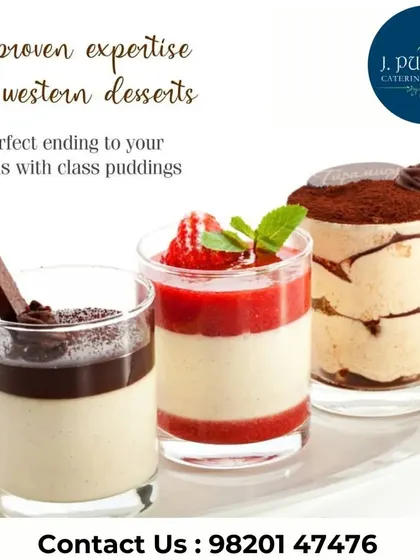 I offer a range of Western desserts served in elegant glass cups. This selection includes a strawberry mousse, a chocolate pudding, and a classic tiramisu, catering to diverse tastes.