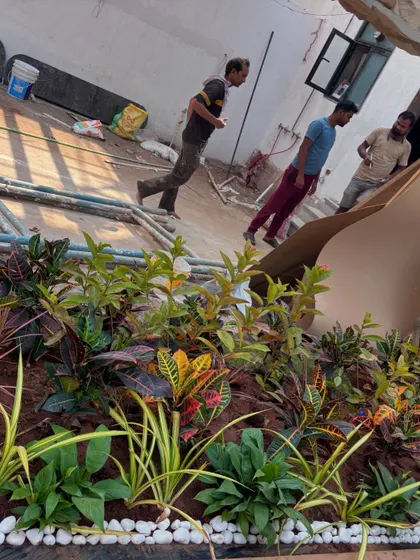 My team at work, adding the final plants to a garden bed. This shows the hands-on effort that goes into every project.