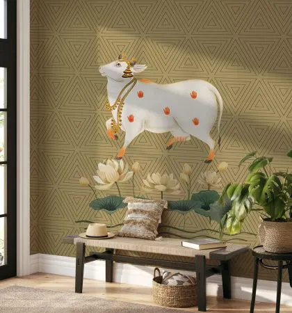 Our Sacred Indian Traditional Pichwai Cow wallpaper brings a sense of reverence and tranquility to this entryway. The design is a beautiful blend of traditional art and modern aesthetics.