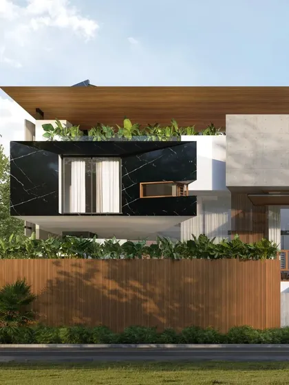A 3D visualization for the 'House of Reddys' mansion. This render highlights a facade detail with a floating black marble-clad volume, demonstrating our use of luxurious materials in a contemporary context.