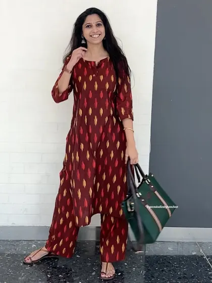 The rich tones of this maroon Ikat kurta pant set make it a versatile choice for any event. It’s handcrafted from pure cotton for all-day comfort.
