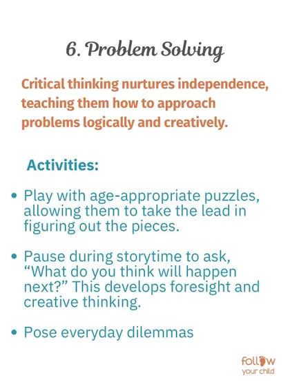 Life Skill: Problem Solving. Activities like puzzles and asking "What do you think will happen next?" during stories develop critical thinking.