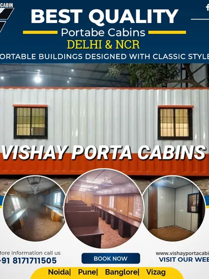 We provide the best quality portable cabins across Delhi and NCR. This image showcases a standard office cabin with windows, along with interior views of a conference room setup and bunkhouse, showing our range of commercial solutions.