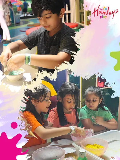 A collage of our little creators making their own natural Holi colors. It's a hands-on experience that teaches them about safe and sustainable celebrations while they have a blast.