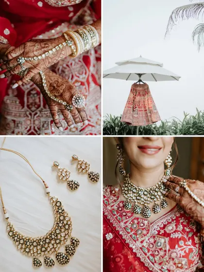 A collage of bridal details, from the intricate henna on her hands to her beautiful jewelry and the creative shot of her lehenga.