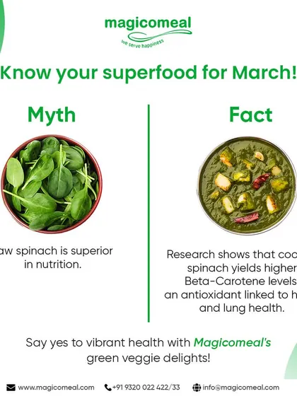 Know your superfood. This myth-busting graphic explains that cooked spinach yields higher beta-carotene levels than raw spinach, showcasing our commitment to evidence-based nutrition in our green veggie delights.