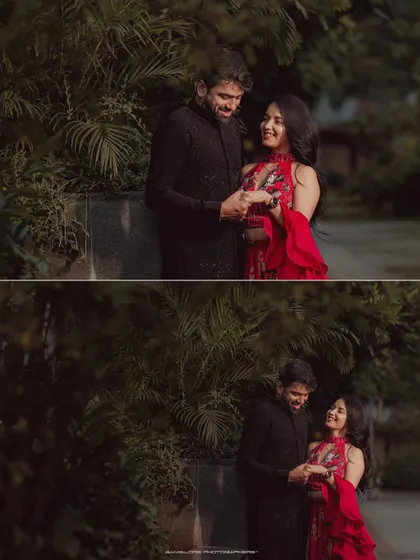 A collage from a stylish pre-wedding shoot. The couple's fashionable outfits and romantic poses create a modern and chic collection.