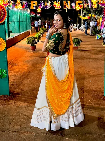 A full-length view of my Garba attire. The vibrant colors and traditional design are perfect for setting a festive mood for any wedding event.