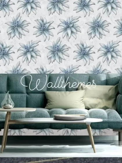 A living room mockup with a wallpaper featuring a repeating pattern of stylized blue flowers.