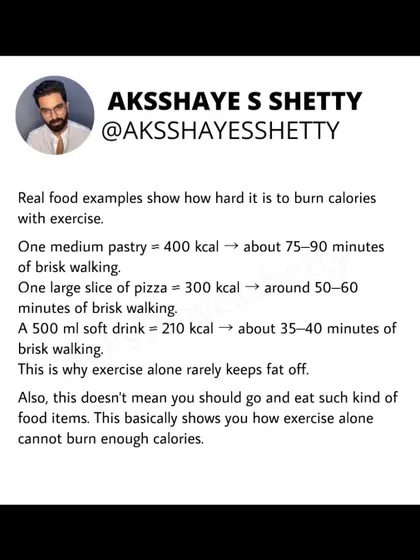 It's very hard to burn off calories with exercise alone. A single pastry can take up to 90 minutes of brisk walking to burn. This is why managing your diet is the most critical part of fat loss.
