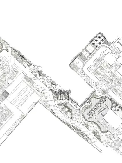 What can landscape do beyond the expected? This intricate conceptual sketch explores the potential of an urban landscape, weaving together pathways, buildings, and green spaces into a complex and interconnected system.