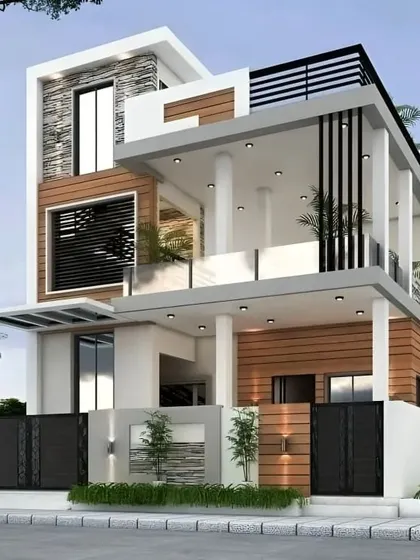 This design showcases a rich textural palette, combining white plaster with sections of natural stone and warm wood cladding. The upper floor features a deep, covered balcony supported by pillars, creating a functional and protected outdoor space that adds depth to the facade.