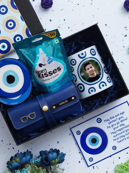 A top-down view of the Evil Eye Hamper, beautifully packed and ready to bring good vibes and protection.